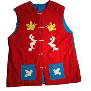 Vtg 1990s Red Handmade Primitive Tribal Applique Embroidered Hook Vest Sz L